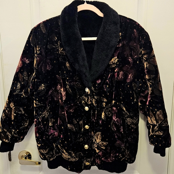 Vintage Velour Velvet Faux Fur Bomber Jacket - Picture 1 of 15